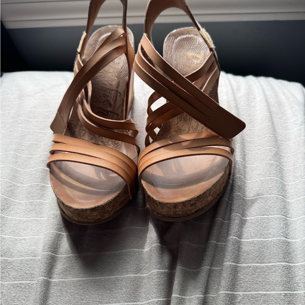Womens Tan Cork Platform Strappy Sandals